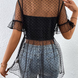 Blusa de lunares de manga con volante peplum de malla sin top de tirantes