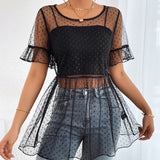 Blusa de lunares de manga con volante peplum de malla sin top de tirantes