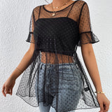 Blusa de lunares de manga con volante peplum de malla sin top de tirantes