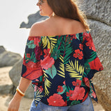 Blusa De Verano De Manga De Volantes Y Hombros Descubiertos Con Estampado Tropical En Tamano Grande