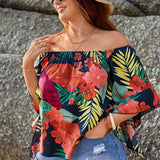 Blusa De Verano De Manga De Volantes Y Hombros Descubiertos Con Estampado Tropical En Tamano Grande