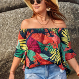 Blusa De Verano De Manga De Volantes Y Hombros Descubiertos Con Estampado Tropical En Tamano Grande