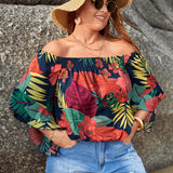 Blusa De Verano De Manga De Volantes Y Hombros Descubiertos Con Estampado Tropical En Tamano Grande