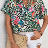 VCAY Blusa de leopardo & con estampado tropical de manga murcielago popover