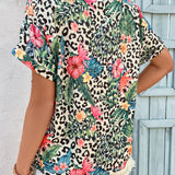 VCAY Blusa de leopardo & con estampado tropical de manga murcielago popover