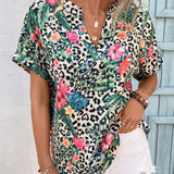 VCAY Blusa de leopardo & con estampado tropical de manga murcielago popover