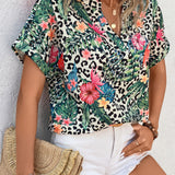 VCAY Blusa de leopardo & con estampado tropical de manga murcielago popover