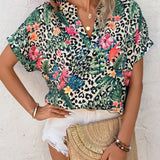 VCAY Blusa de leopardo & con estampado tropical de manga murcielago popover