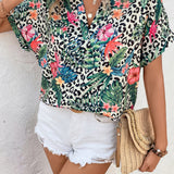 VCAY Blusa de leopardo & con estampado tropical de manga murcielago popover