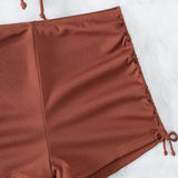 Swim Conjunto de tankini acanalado Top halter y pantalones cortos laterales con cordon Traje de bano de 2 piezas