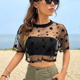 EZwear Top Corto De Malla Transparente De Verano Con Estampado De Estrellas, Sin Tubo Superior