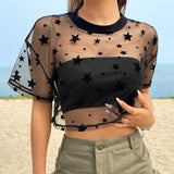 EZwear Top Corto De Malla Transparente De Verano Con Estampado De Estrellas, Sin Tubo Superior