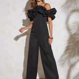 Haute Jumpsuit De Pierna Ancha Con Hombros Descubiertos Y Volantes