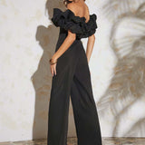 Haute Jumpsuit De Pierna Ancha Con Hombros Descubiertos Y Volantes