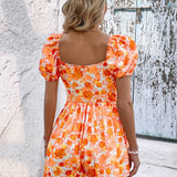 VCAY Floral Print Sweetheart Neck Puff Sleeve Romper