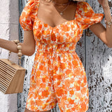 VCAY Floral Print Sweetheart Neck Puff Sleeve Romper
