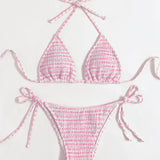 Swim Mod Conjunto de bikini a rayas Sujetador de triangulo fruncido y bottom de tanga Traje de bano de 2 piezas