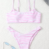 Swim Conjunto de bikini con rayas de cebra Sujetador sin aros y bottom de bikini de corte alto Traje de bano de 2 piezas