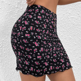 EZwear Falda ajustada con estampado floral ribete en forma de lechuga con boton delantero