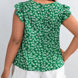 Blusa con estampado floral de cuello con abertura de ojo ribete con fruncido