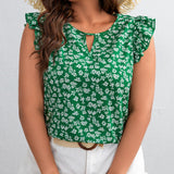 Blusa con estampado floral de cuello con abertura de ojo ribete con fruncido