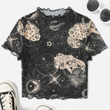 EZwear Top con estampado de galaxia ribete en forma de lechuga de malla sin Brasier