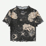 EZwear Top con estampado de galaxia ribete en forma de lechuga de malla sin Brasier