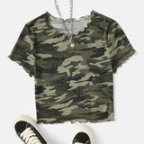 EZwear Gorpcore Top crop con estampado de camuflaje ribete en forma de lechuga