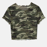 EZwear Gorpcore Top crop con estampado de camuflaje ribete en forma de lechuga