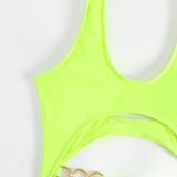 Swim SXY Traje de bano de una pieza con recorte de cadena neon, bloque de color, nudo delantero para la playa de verano