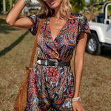 VCAY Paisley Print Tassel Trim Butterfly Sleeve Romper Without Belt