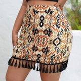VCAY Plus Geo Print Tassel Trim Bodycon Skirt
