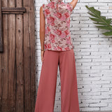 VCAY con estampado floral ribete fruncido Blusa & Pantalones de pierna ancha