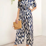 Clasi Chevron Print Batwing Sleeve Belted Wide Leg Jumpsuit