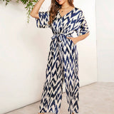 Clasi Chevron Print Batwing Sleeve Belted Wide Leg Jumpsuit