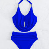 Swim Conjunto de tankini unicolor Top halter drapeado y parte inferior hipster de talle alto con pliegues Traje de bano de 2 piezas