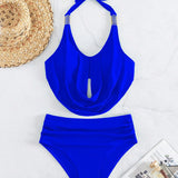 Swim Conjunto de tankini unicolor Top halter drapeado y parte inferior hipster de talle alto con pliegues Traje de bano de 2 piezas