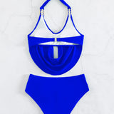 Swim Conjunto de tankini unicolor Top halter drapeado y parte inferior hipster de talle alto con pliegues Traje de bano de 2 piezas