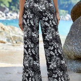 VCAY Pantalones de pierna ancha con estampado floral de muslo con abertura