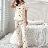 Conjunto de pijama pantalones con blusa con estampado de cereza ribete en contraste