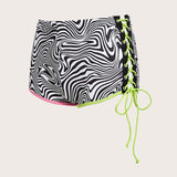 ICON Traje de bano de verano para playa con estampado marmol en estilo rave, cordones luminosos en los costados y detalles de contraste en los bordes de los shorts