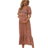 Vestido De Maternidad De Mujer Elegante Con Diseno Shirred, Estampado Floral Y Hombros Descubiertos