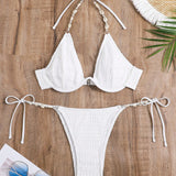 Swim Conjunto de bikini con detalles de perlas, sujetador de aros y lazos laterales, ideal para verano en la playa