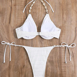 Swim Conjunto de bikini con detalles de perlas, sujetador de aros y lazos laterales, ideal para verano en la playa