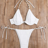 Swim Conjunto de bikini con detalles de perlas, sujetador de aros y lazos laterales, ideal para verano en la playa