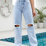 VCAY Jeans de pierna recta de talle alto desgarro