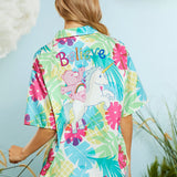 X Care Bears Camisa casual de verano con estilo de resort, plantas tropicales, oso arco iris y unicornio fantasia, dopamina