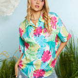 X Care Bears Camisa casual de verano con estilo de resort, plantas tropicales, oso arco iris y unicornio fantasia, dopamina