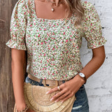 LUNE Blusa con estampado floral de cuello cuadrado de manga farol