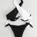 Swim Conjunto de bikini de dos tonos Sujetador con aros recortados entrecruzados y parte inferior de bikini con lazo lateral Traje de bano de 2 piezas